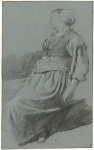 Mujer sentada, mirando hacia la izquierda y con gorra, con el brazo colgado del respaldo de una silla a la izquierda de Cornelis Pietersz. Bega