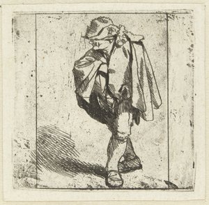 Hombre de pie con la mano derecha sobre el pecho metido en su capa de Cornelis Pietersz. Bega