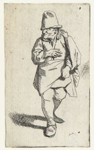 Hombre de pie con sombrero de copa o gorra, mano derecha delante del pecho de Cornelis Pietersz. Bega