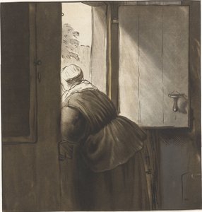 Mujer inclinada sobre una puerta inferior de Cornelis Ploos van Amstel (signed by artist)