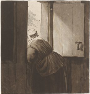 Mujer inclinada sobre una puerta inferior de Cornelis Ploos van Amstel (signed by artist)