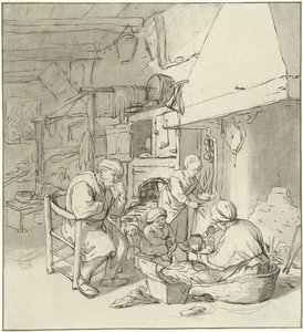 Familia de granjeros en la chimenea