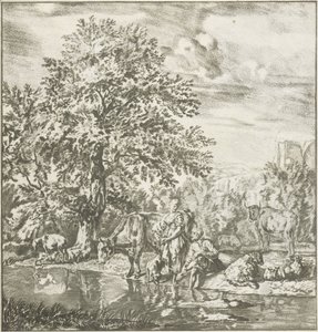 Pastor y pastora con rebaño junto a un río Trabajo impreso (título de la serie) de Cornelis Ploos van Amstel
