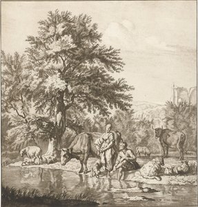 Pastor y pastora con rebaño junto a un río
Obra impresa (título de la serie) de Cornelis Ploos van Amstel