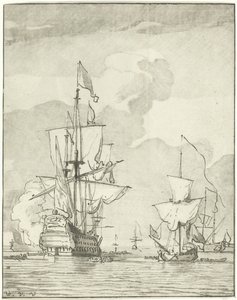 Buque de guerra disparando un tiro de Cornelis Ploos van Amstel