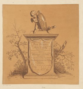 Putto de pie en un monumento con dedicatoria a Jonas Witsen de Cornelis Ploos van Amstel