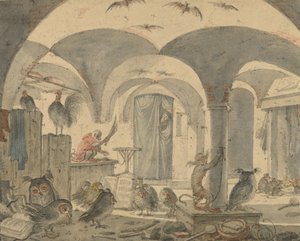 Un sótano encantado con animales de Cornelis Saftleven