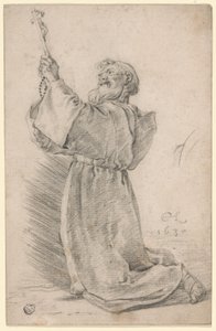 Monje arrodillado sosteniendo un crucifijo de Cornelis Saftleven
