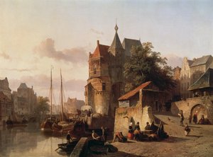 Escena holandesa: Edificios fortificados en las orillas de un canal de Cornelis Springer