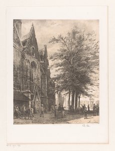 Gente delante de la iglesia del mercado en Hamelin Hamelín (título sobre objeto) de Cornelis Springer