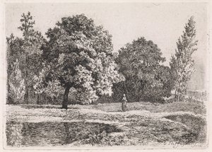 Paisaje con árboles, lago y mujer. Quinta suite (título de la serie) de Cornelis Steffelaar