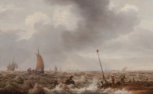 Navegando en mares agitados a lo largo de la costa con un muelle, un faro y un pueblo en la distancia, c.1600-55 (óleo sobre tabla) de Cornelis Stooter