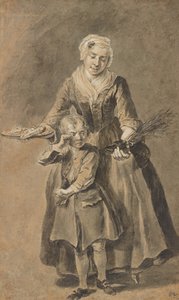 Una mujer muestra a un niño lloroso su zapato de agujas de Cornelis Troost