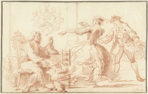 El rico líder de podagra, burlado por una mujer joven de Cornelis Troost