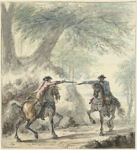 Dos jinetes, encontrándose en un camino forestal y disparándose el uno al otro de Cornelis Troost