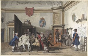 Sala de espera con funcionarios leyendo, fumando y jugando a las cartas de Cornelis Troost