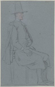 Curandero sentado, perfil a la derecha, una mano en el muslo de Cornelis Troost