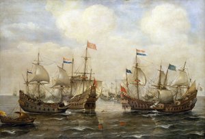 Un enfrentamiento entre españoles y holandeses, hacia 1630, cada barco tiene su bandera, y a la izquierda, un barco lleva la bandera de los Estados Generales holandeses de Cornelis Verbeeck