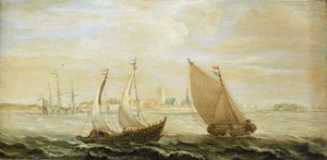 Un yate y un pequeño velero holandés, frente a la costa de un puerto del Zuiderzee (Mar del Norte), con una vista de la ciudad en el horizonte y dunas de arena a la derecha. de Cornelis Verbeeck
