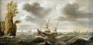 Barco holandés en un mar turbulento, girando sobre una roca, con vegetación en su cima, otros barcos están representados en el horizonte