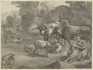 paisaje con pastor y pastora costurera de Cornelis Visscher (II)