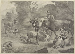 paisaje con pastor y pastora costurera de Cornelis Visscher (II)