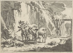 Paisaje con una mujer alimentando a su hijo Paisajes (título de la serie) de Cornelis Visscher (II)