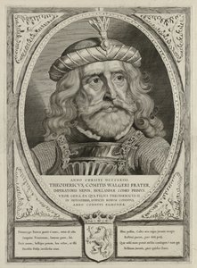 Dirk I, conde de Holanda, con armadura. El marco está decorado con el escudo de armas de Holanda. NL-HlmNHA 1477 53012894 de Cornelis Visscher