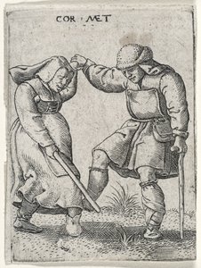 Un hombre con el pie vendado bailando con una mujer, 1572 (grabado en papel verjurado)