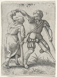 Un hombre con una pierna de madera girando a una mujer coja bajo su brazo, 1572 (grabado en papel verjurado)