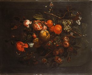Un ramo de frutas y flores colgando de un clavo en un nicho de Cornelis de Heem