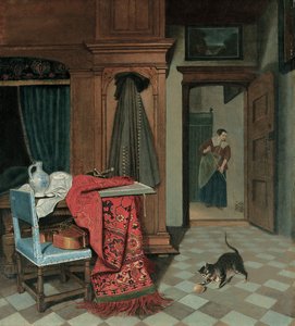 Interior con una Alfombra, una Espada y una Jarra en una Mesa, un Violonchelo en una Silla, un Abrigo Colgado en un Armario, un Gato Jugando con una Pelota, una Criada al Fondo de Cornelis de Man