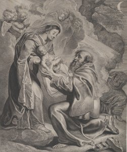 La visión de San Francisco, arrodillado a la derecha, recibiendo al niño Cristo de la Virgen de Cornelis de Visscher