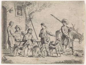 Cazadores frente a una posada Escenas de género (título de la serie) de Cornelis de Wael