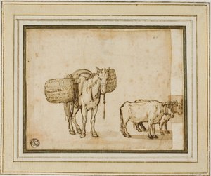 Dos bocetos: Mula que lleva cestas, Pareja de bueyes yuntas de Cornelis de Wael
