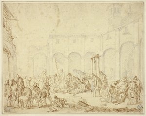 Soldados heridos en un patio de la plaza del pueblo de Cornelis de Wael