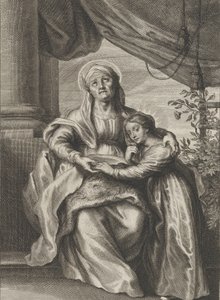 La educación de la Virgen, con Santa Ana sentada en un banco mirando hacia arriba de Cornelis van Caukercken