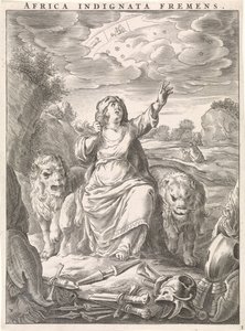 Personificación femenina del continente africano como mujer con piel de león sentada entre leones Africa indignata fremens (título sobre objeto) Cuatro continentes (título de la serie) de Cornelis van Dalen (II)