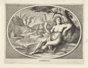 Personificación femenina del continente americano como mujer con un tocado de plumas y una flecha en un paisaje América (título sobre objeto) de Cornelis van Dalen (II)