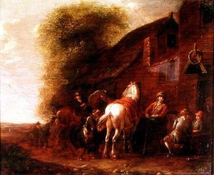 Jinetes fuera de una posada de pueblo