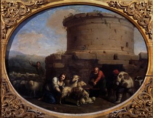 Pastores, rebaños y agricultores en una fuente de Roma (óleo sobre lienzo) de Cornelis van Poelenburgh