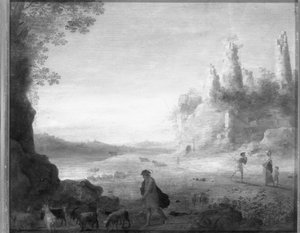 Paisaje italianizante con Diana y Calisto con un cabrero cerca de un castillo en ruinas