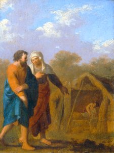 Sara le pide a Abraham que tome a Agar como segunda esposa ... de Cornelis van Poelenburgh or Poelenburch