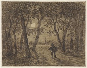Hombre saliendo de un bosque a la luz de la luna