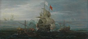 Un barco francés y piratas bárbaros, c.1615 (óleo sobre tabla de roble) de Cornelius Bol