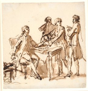 Cuatro hombres discuten un proyecto en una mesa de Cornelius Høyer