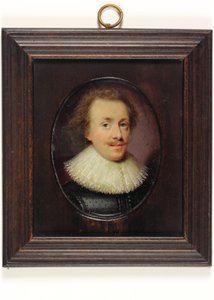 Un caballero, en jubón negro con cuello de encaje caído de Cornelius I (attr.to) Johnson
