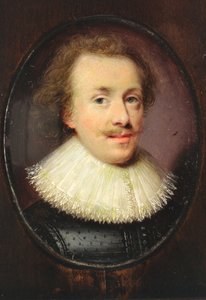 Un caballero, con jubón negro con dibujos y gorguera de encaje de Cornelius I attr.to Johnson
