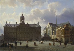Plaza Dam con el Palacio Real, Ámsterdam, 1855 de Cornelis Springer