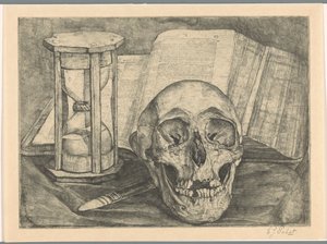 Bodegón con una calavera, un reloj de arena, un libro y un cuchillo de Corrie Pabst (signed by artist)